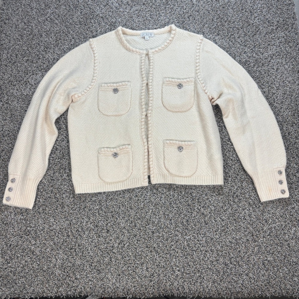 J.Crew Women's L Cream Braided-Trim Merino Wool Boucle Lady Jacket Cardigan